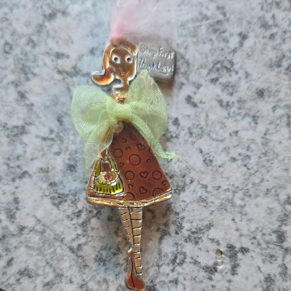 Charming Vintage AMJC Girl Pendant with Green Bow